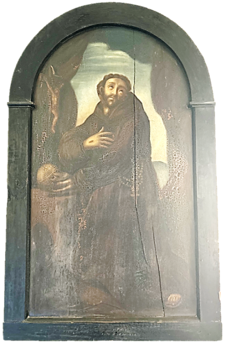 Franz von Asissi (c) Ursula Graber / pfarrbriefservice.de Franz von Asissi (1181/82 – 1226), mit den Attributen braune Kutte des Franziskanerordnens, Wundmalen (Stigmata) an der rechten Hand, Totenkopf in der linken Hand, Kruzifix links im Hintergrund. Barockes Ölgemälde auf Holz im Kreuzgang des ehem. Kapuzinerklosters Bacharach.