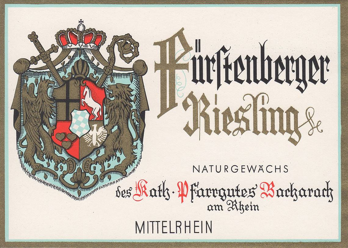 Flaschenetikett des Pfarrweinguts Bacharach (c) Pfarrei St. Nikolaus Bacharach Flaschenetikett des Pfarrweinguts St. Nikolaus Bacharach