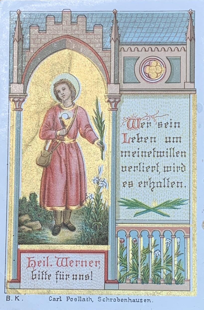 Andachtsbildchen: Heiliger Werner mit Kelch und Palme in gotischem Rahmen