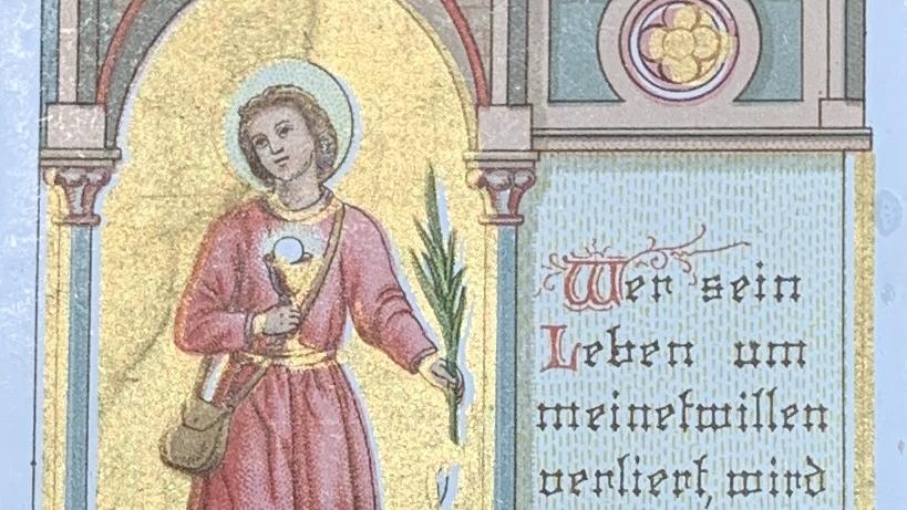 Andachtsbildchen: Heiliger Werner mit Kelch und Palme in gotischem Rahmen